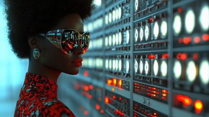 Poster - A stylish woman in sunglasses stands beside a futuristic server wall with glowing lights in a high-tech environment, colorful pride month