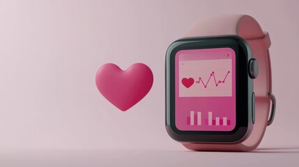 Poster - Smartwatch displaying heart rate and health stats, with a pink heart, on a soft pink background, colorful pride month