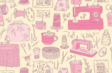 Wall Mural - seamless pastel pink sewing pattern vector banner craft, fabric, needlework design