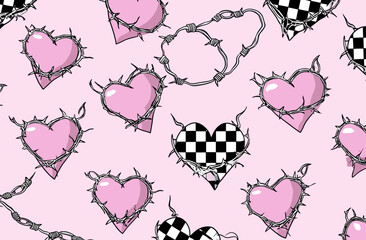 Wall Mural - seamless vector pattern pink hearts, barbed wire, checkered hearts