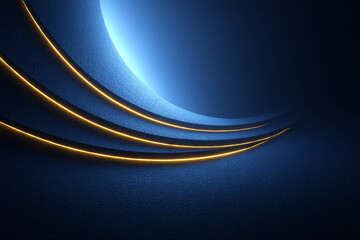 Fototapete - Abstract Blue and Black Background with Glowing Orange Curved Lines for Modern Futuristic Design