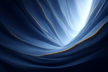 Fototapete - Abstract Blue and Gold Waves with Ethereal Light Texture Background Art with Smooth Curved Layers and Golden Highlights Design