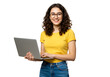 © TAIFUR - Smiling student girl using laptop computer for online learning education studying from home with glasses on transparent background