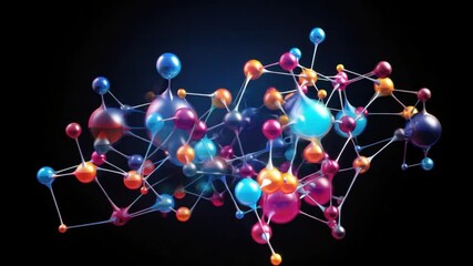 Poster - Interconnected Molecular Bonds: A vibrant depiction of molecular bonds, with colorful spheres linked by fine lines, against a dark background. Represents concepts of science, technology.