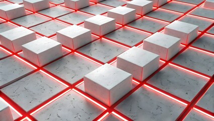 Aufkleber - Abstract arrangement of white cubes on gray tiles with red neon lighting in a grid pattern view