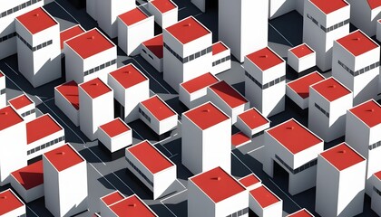 Poster - Aerial view of a stylized city with white buildings and red roofs in a geometric pattern design