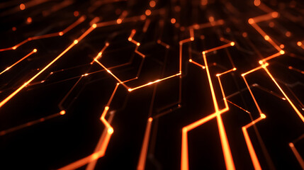 Poster - Abstract orange glowing lines and dots forming a network on a dark background perspective view
