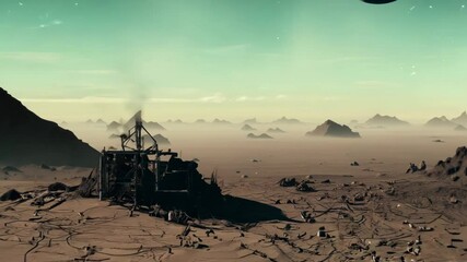 Poster - Retro-futuristic alien landscape featuring a distant planet and moons above a barren terrain with rocky formations under a greenish sky