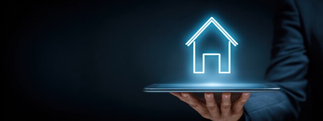 Poster - Digital representation of a house symbol above a tablet in a dimly lit space, showcasing modern technology and real estate concepts