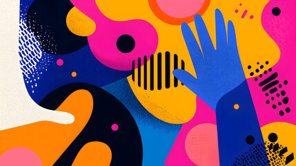 Poster - Abstract colorful illustration with bold shapes, hands, and vibrant patterns in blue, yellow, pink, and orange hues.