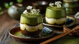 Elegant matcha tiramisu desserts with white flowers on rustic plates.