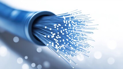 Poster - Close-up of glowing blue fiber optic strands with light pulses, showcasing high-bandwidth data transfer for digital and IT applications.
