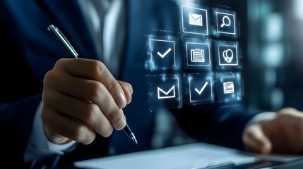 Poster - A businessperson interacts with a digital interface displaying email, checklists, and communication icons in a modern office setting.