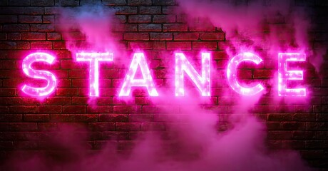 Aufkleber - Bright pink neon sign spells STANCE against red brick wall. Smoke surrounds lettering, creating dramatic effect. Dark background enhances glow.