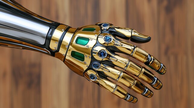Close up of a metallic robotic hand with gold and chrome accents, green jewels, and intricate details against a wood background