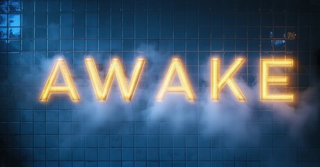 Aufkleber - Bright golden AWAKE sign glows against blue tiled wall. Smoke or fog adds dramatic effect. Minimalist design, dark background.