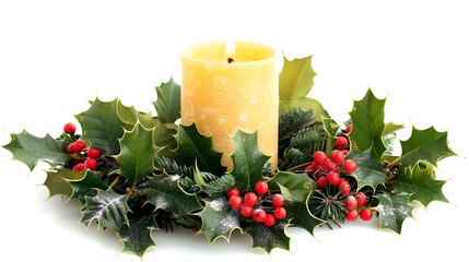 A Christmas table centerpiece featuring a large candle surrounded by holly leaves and berries, isolated on white.