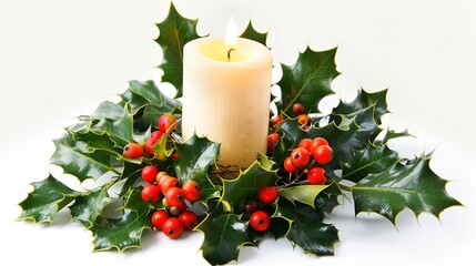 A Christmas table centerpiece featuring a large candle surrounded by holly leaves and berries, isolated on white.