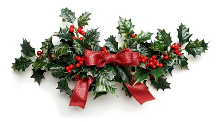 A detailed shot of a Christmas bow adorned with holly leaves and berries, isolated on a white background.