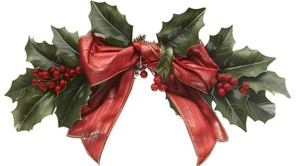 A detailed shot of a Christmas bow adorned with holly leaves and berries, isolated on a white background.