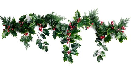 A high-definition image of a Christmas garland with holly leaves and berries, perfect for festive decoration, isolated on white.