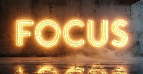 Poster - Bright neon sign spells FOCUS. Concrete wall background, reflective floor creates dramatic lighting effect. Minimalist composition.