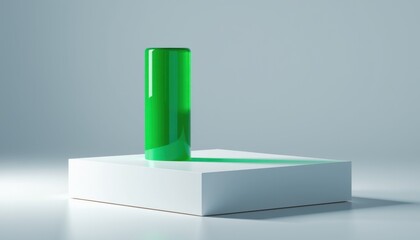 Poster - A sleek green cylinder stands on a minimalist white platform with a soft shadow, set against a light background.