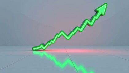 Poster - A glowing green upward arrow graph symbolizes growth and positive performance on a reflective, modern surface.