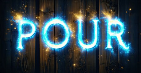 Aufkleber - Bright neon text spells POUR against rustic wood backdrop. Sparkling particles enhance luminous effect, creating dramatic visual impact.