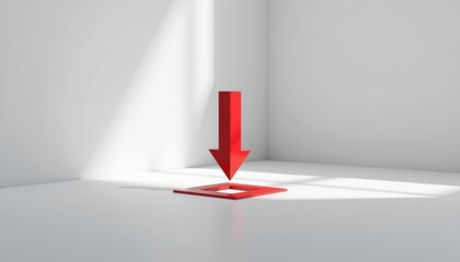 Poster - A large red arrow points downward toward a square cutout in a minimalist, well-lit white room.