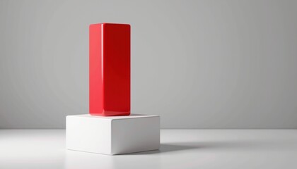 Poster - A tall red rectangular block stands on a white pedestal against a minimalist gray background.