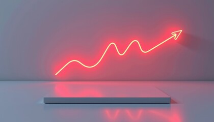 Poster - A glowing red neon arrow in a wavy upward trend, mounted on a minimalist wall above a white platform.