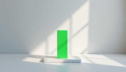 Poster - A bright green rectangular block stands on a white platform in a minimalist room with sunlight casting geometric shadows.