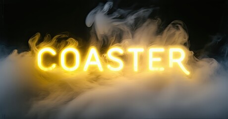 Aufkleber - Bright neon sign spells COASTER amid swirling smoke. Dramatic lighting creates moody atmosphere. Minimalist design focuses attention on text.