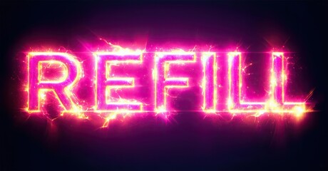 Aufkleber - Bright pink text spells REFILL against dark background. Energetic sparks radiate from letters, creating vibrant visual effect.