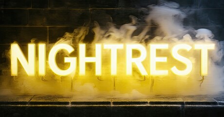 Aufkleber - Bright neon sign spells NIGHTREST. Smoke drifts around glowing letters against dark brick wall. Dramatic lighting creates moody atmosphere.