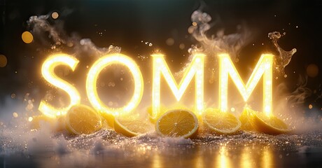 Aufkleber - Bright word SOMM formed from citrus fruit slices. Dramatic lighting, sparkling effects, dark background create vibrant visual impact.