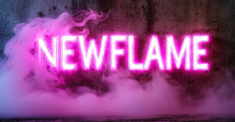 Aufkleber - Bright pink neon sign spells NEWFLAME. Smoke fills space around text, creating dramatic effect. Dark background enhances glow.