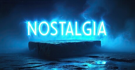 Aufkleber - Bright neon sign spells nostalgia. Dark moody background with fog creates dramatic effect. Stone platform supports glowing text.