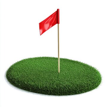 A red golf flag on a small grass patch, studio shot, isolated on white background