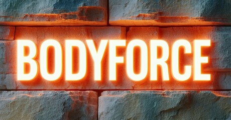 Aufkleber - Bright neon sign displays BODYFORCE against textured stone wall. Dramatic lighting creates intense glow, dark background emphasizes text.