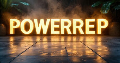 Aufkleber - Dramatic lighting highlights POWERREP text. Dark room features wet tile floor, foliage, smoke effects. Bold presentation.