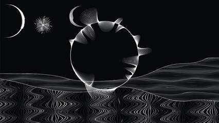 Wall Mural - Stars and exoplanet in outer space. Futuristic landscape, with lines . Night landscape with starry sky .Vector illustration