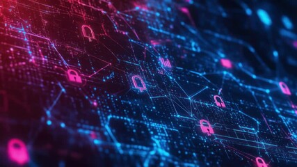 Poster - Digital security matrix: A vibrant, high-tech illustration depicts the intricate network of digital security, symbolizing the protection of sensitive information within a complex data landscape.