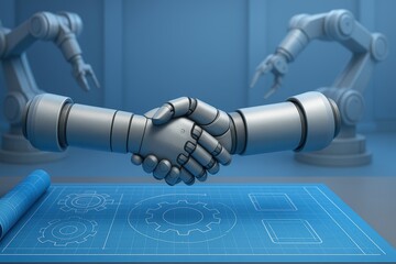 Poster - Collaborative Robotics Concept Showing Robotic Hands Shaking Over Engineering Blueprint Background