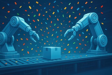 Poster - Automated robotic arms handling packages with colorful confetti in a futuristic warehouse setting