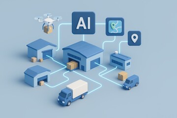 Poster - Futuristic Logistics Concept Featuring Drones, Artificial Intelligence, and Delivery Trucks in Warehouse