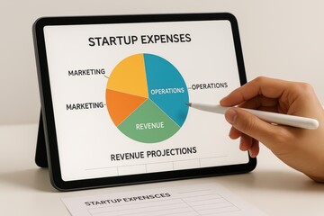 Poster - Analysis of Startup Expenses with Colorful Pie Chart on Digital Tablet by Business Professional