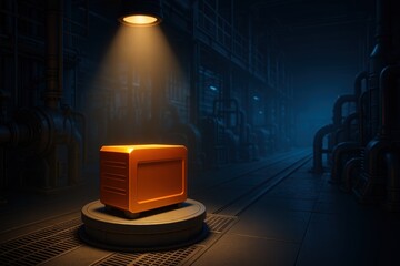 Poster - Illuminated Orange Box on Circular Platform in Industrial Warehouse Environment at Night