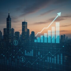 Poster - Financial Growth and Urban Skyline at Sunset with Graph and Dollar Symbols in Background